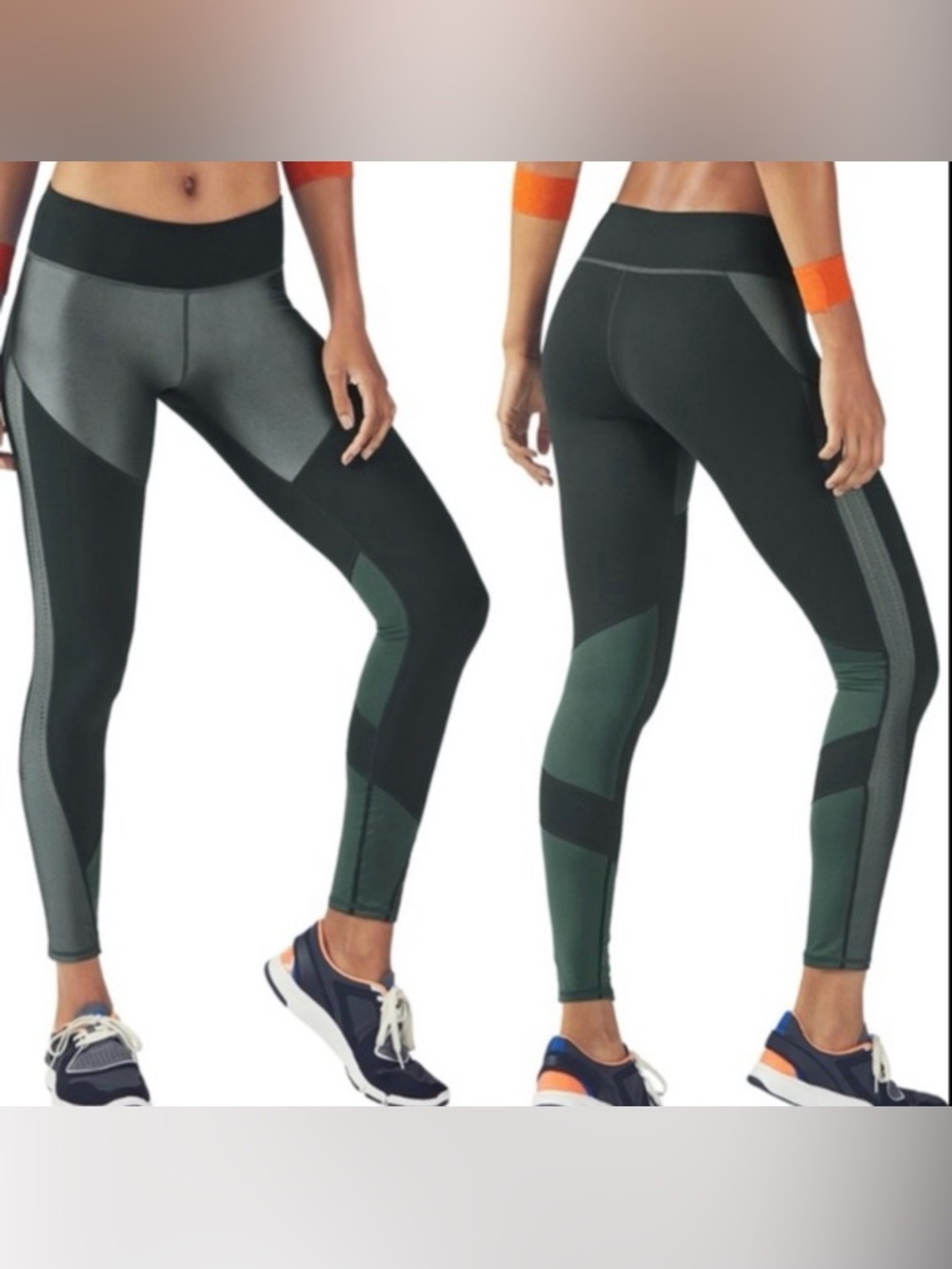 Fabletics Colorblock High-Waist Leggings in Dark Green and Charcoal
